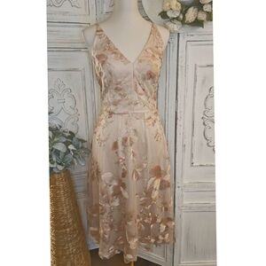 Vince Camuto Blush Embroidered V-Neck Spaghetti Strap Mesh Midi Dress